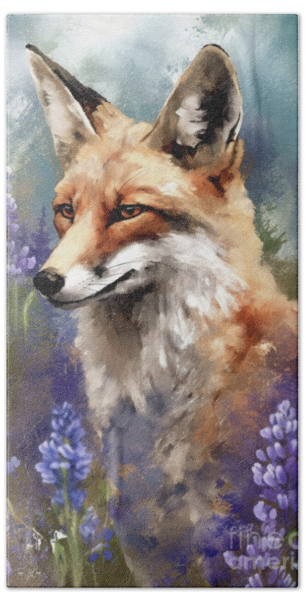 Red Fox Hand Towel featuring the painting Fox In The Lupines by Tina LeCour
