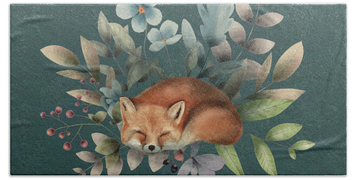 Fox Hand Towel featuring the painting Fox With Flowers by Garden Of Delights