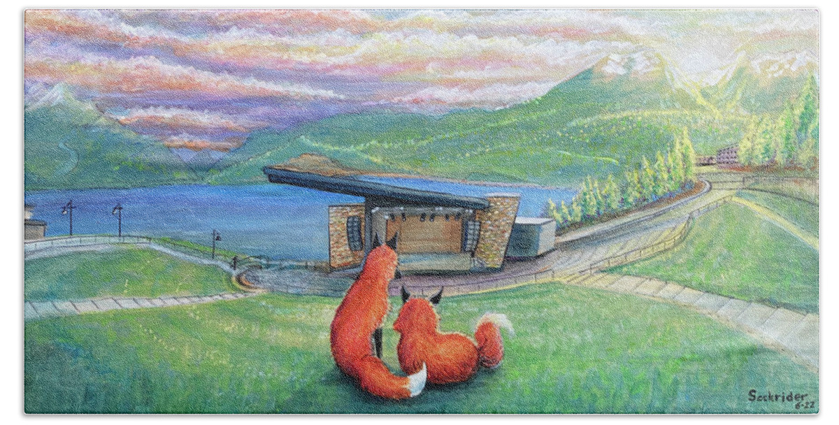 Dillon Bath Towel featuring the painting Foxes at Lake Dillon Amphitheater by David Sockrider