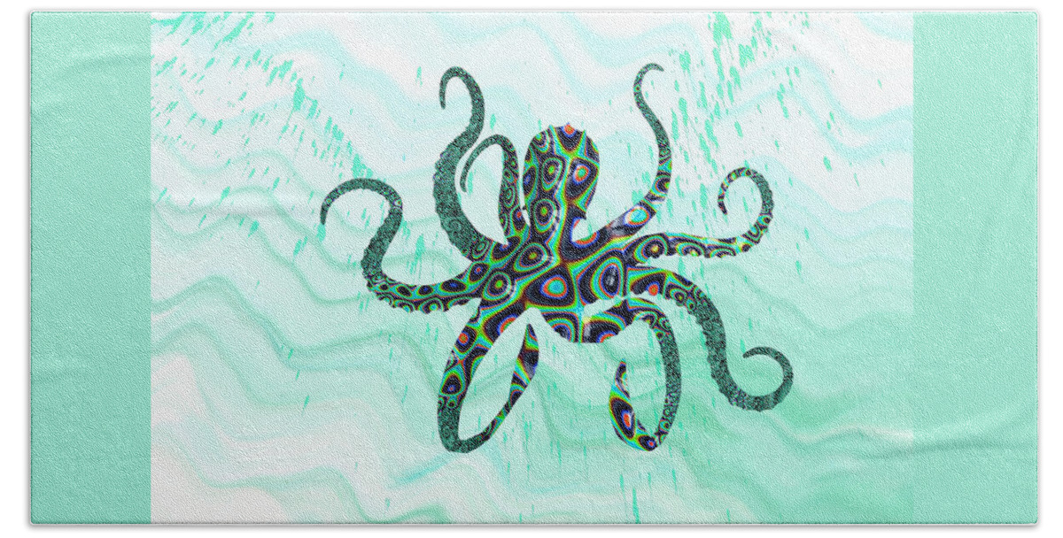 Fractal Hand Towel featuring the mixed media Fractal Watercolor Fusion Teal Octopus by Shelli Fitzpatrick