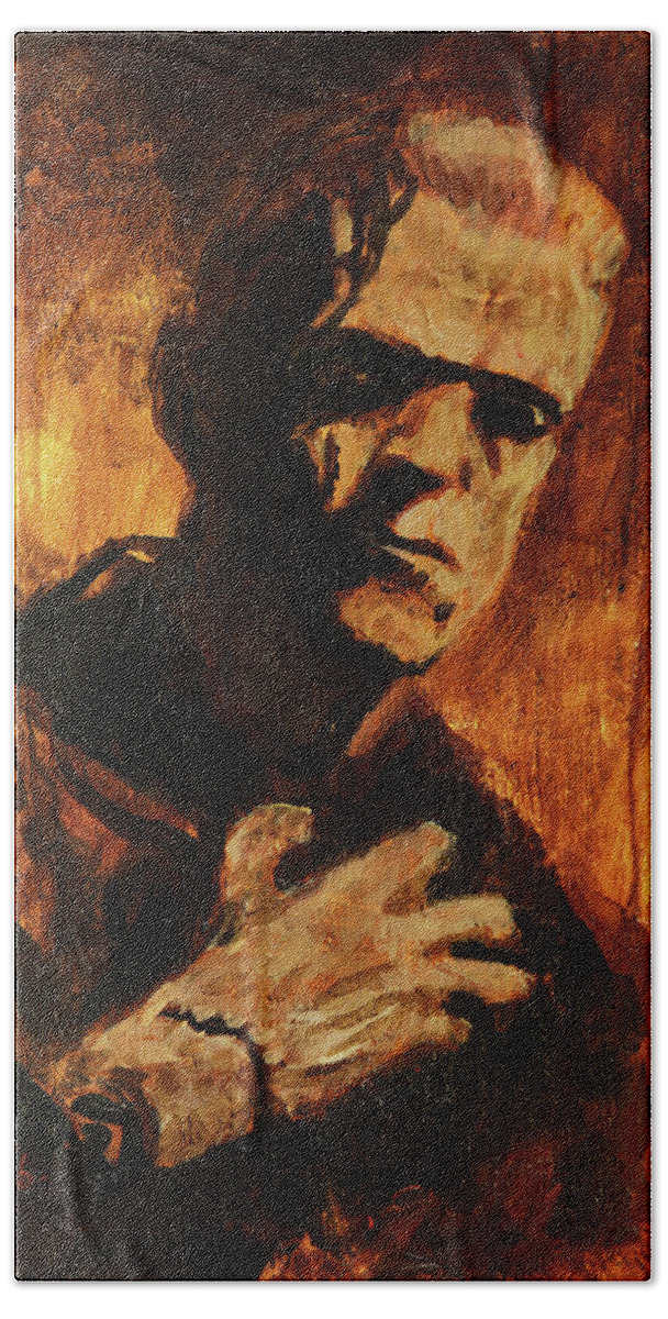Frankenstein Hand Towel featuring the painting Frankenstein 1931 by Sv Bell