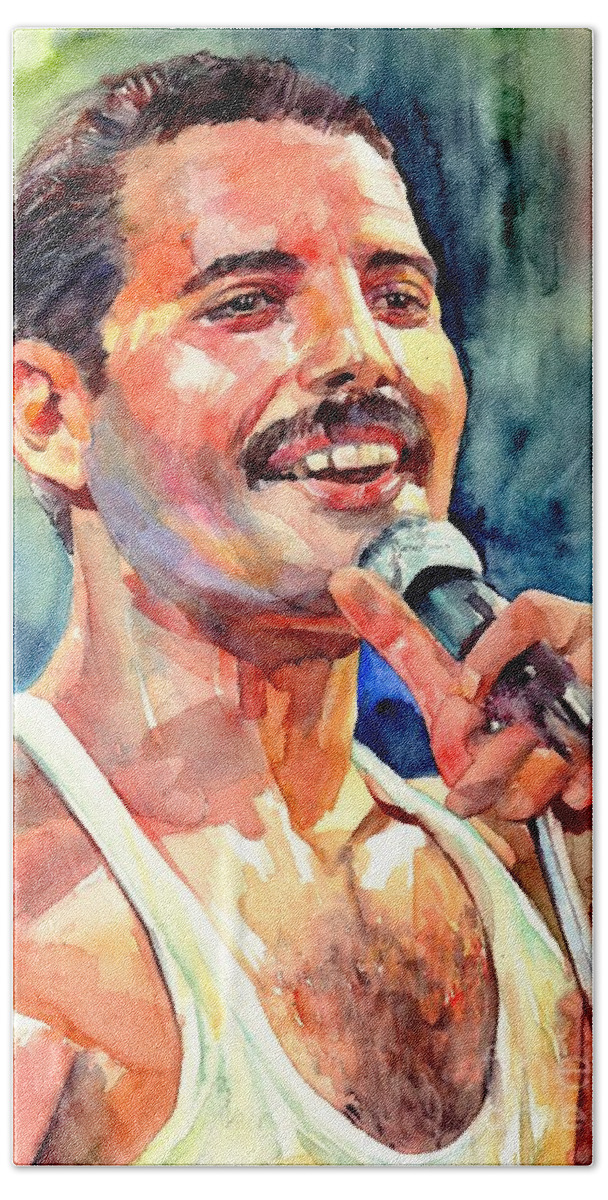 Freddie Mercury Hand Towel featuring the painting Freddie Mercury Live Aid by Suzann Sines