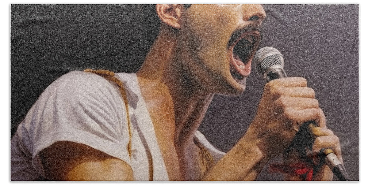 Freddie Mercury Hand Towel featuring the painting Freddie Mercury No.6 by My Head Cinema