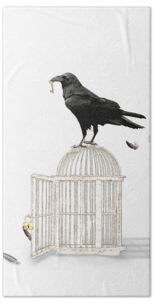 Crow Hand Towel featuring the mixed media Free as a Bird by Moira Law