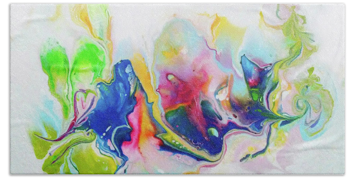 Colorful Abstract Heart Rainbow Colors Fluid Acrylic Paint Bath Towel featuring the painting Freeflow by Deborah Erlandson