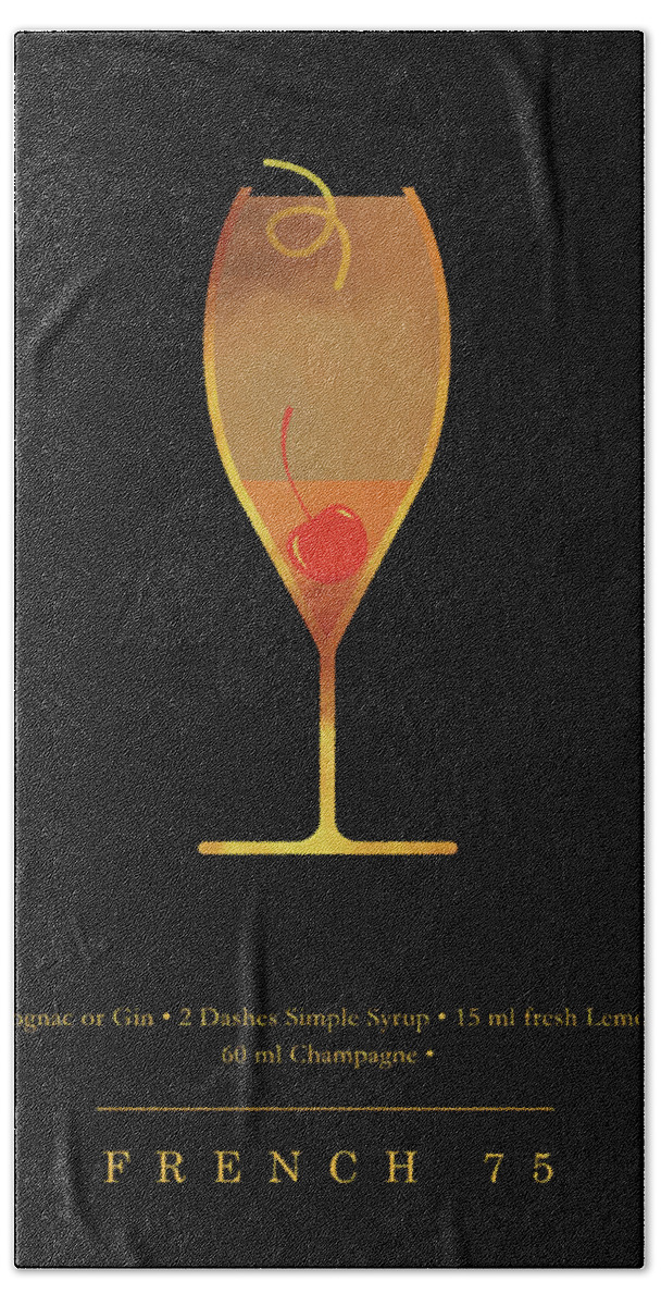 French 75 Hand Towel featuring the digital art French 75 Cocktail - Classic Cocktail Print - Black and Gold - Modern, Minimal Lounge Art by Studio Grafiikka