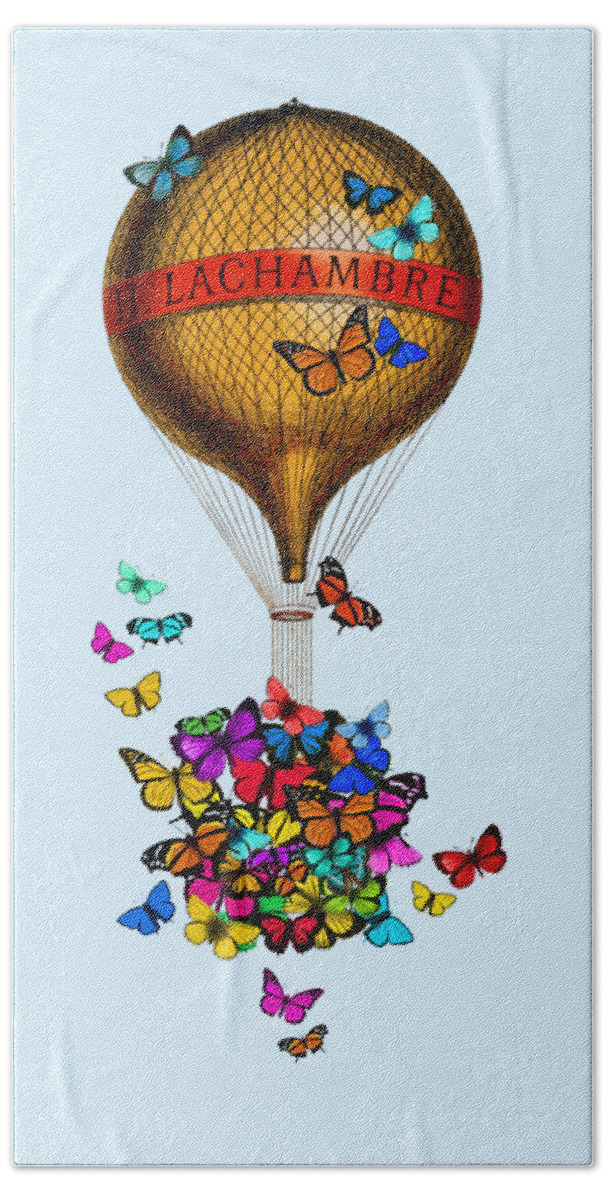 French Hand Towel featuring the digital art French hot air balloon with rainbow butterflies basket by Madame Memento