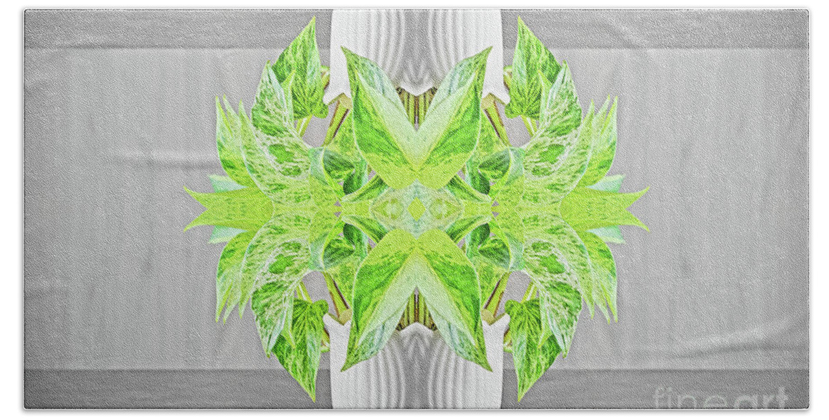 Surreal Bath Towel featuring the photograph Fresh green plant surreal shaped symmetrical kaleidoscope by Gregory DUBUS