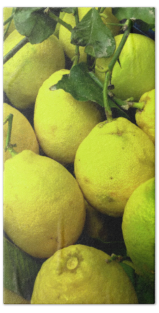Italy   Color Image     Vertical     Amalfi Coast ×travel ×no People ×travel Destinations ×town ×famous Place ×village ×sorrento - Italy ×campania ×outdoors ×italian Culture ×european Union ×lemon - Fruit ×freshness ×market Stall ×food ×fruit ×citrus Fruit ×leaf ×ripe ×close-up ×agriculture × Bath Towel featuring the photograph Fresh Lemons by Marian Tagliarino