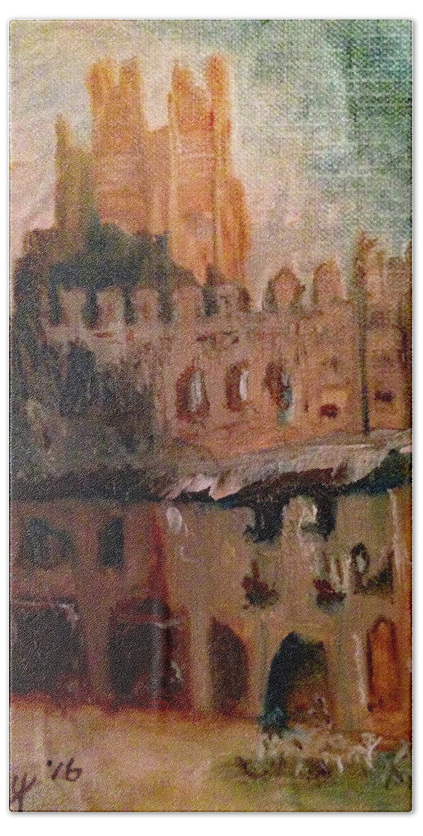 Frias Castle Bath Towel featuring the painting Frias Castle by Roxy Rich