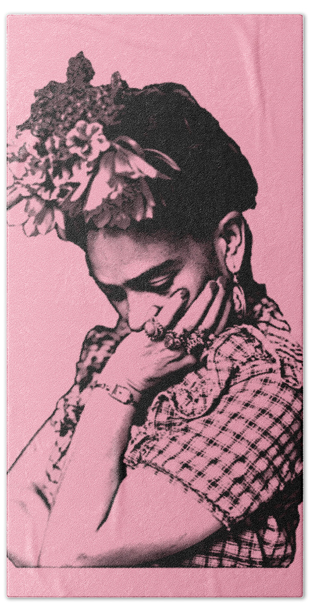 Frida Kahlo Hand Towel featuring the digital art Frida Kahlo in black and pink by Madame Memento