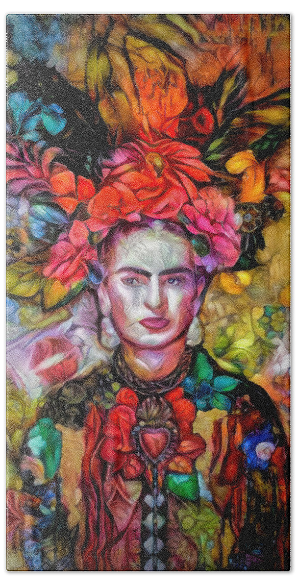 Face Bath Towel featuring the digital art Frida Kahlo Abstract Portrait by Teresa Wilson