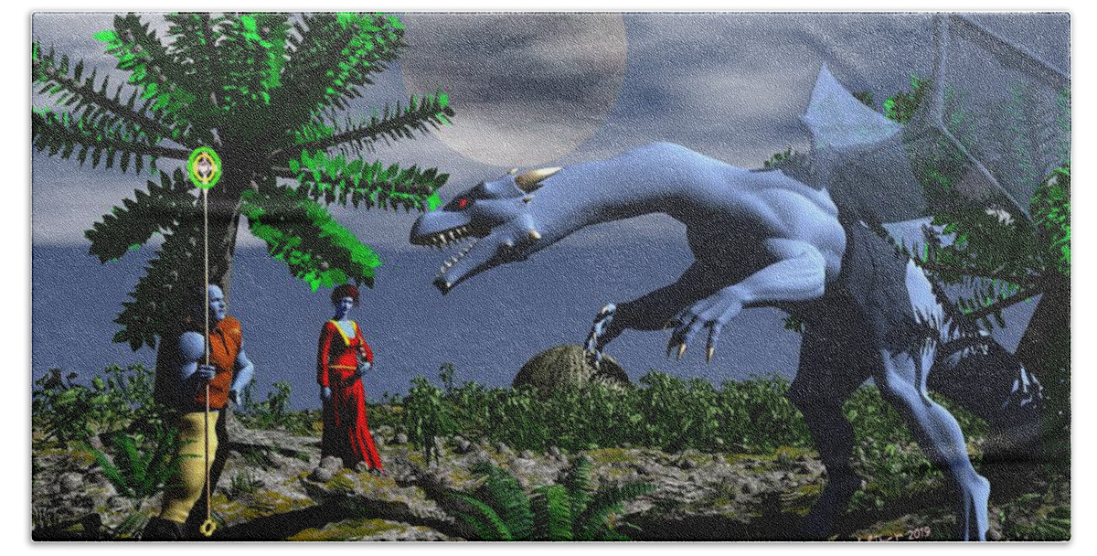 Digital Scifi Fantasy Dragon Hand Towel featuring the digital art Friend or Foe by Bob Shimer