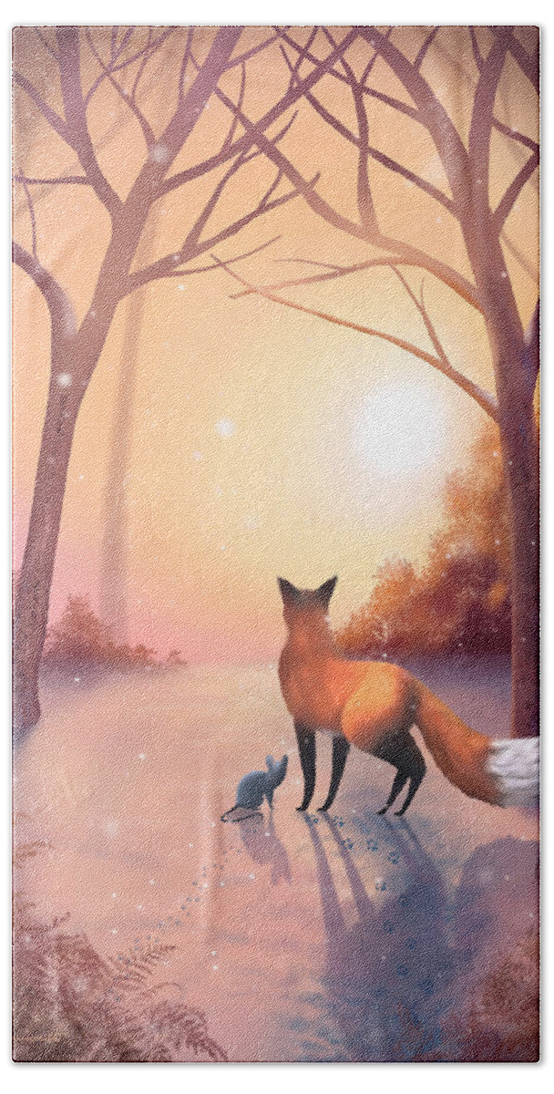 The Fox And The Mouse Tell A Tale Of Boundless Friendship. Enough To Warm Your Heart On Even The Coldest Of Days. Bath Towel featuring the painting Friendship by Rachel Emmett