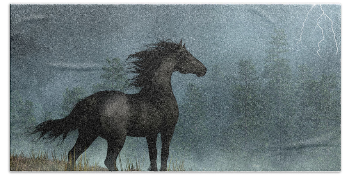 Friesian Horse And Approaching Storm Bath Towel featuring the digital art Friesian Horse and Approaching Storm by Daniel Eskridge