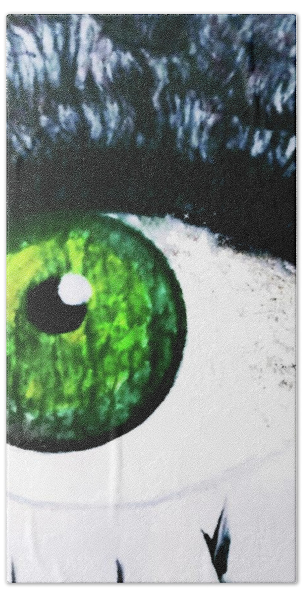 Fright Bath Towel featuring the painting Frightening Eye by Anna Adams