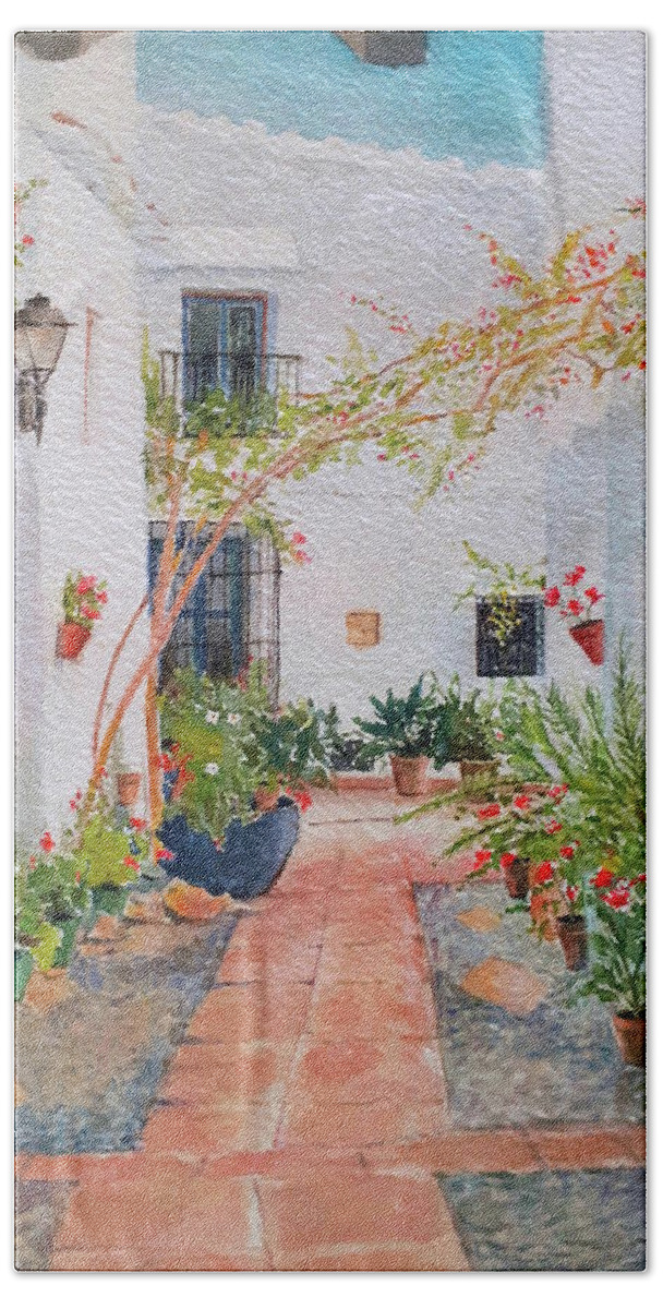 Frigiliana Hand Towel featuring the painting Frigiliana. Andalucia. Spain by Carolina Prieto Moreno