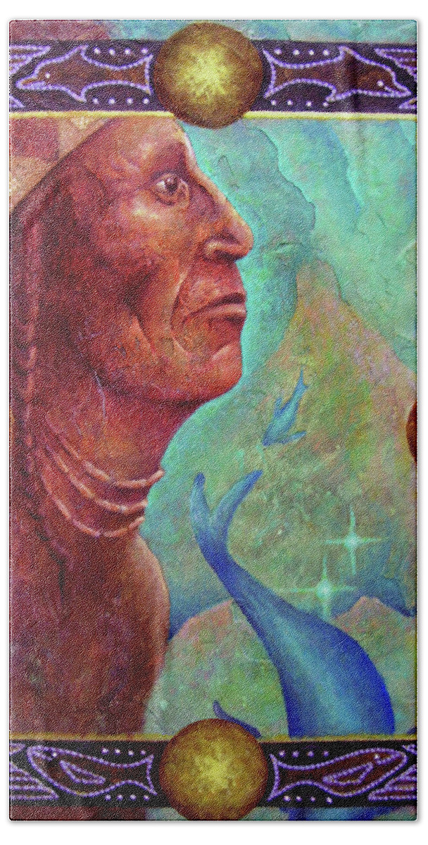 Native American Hand Towel featuring the painting From the Depths by Kevin Chasing Wolf Hutchins