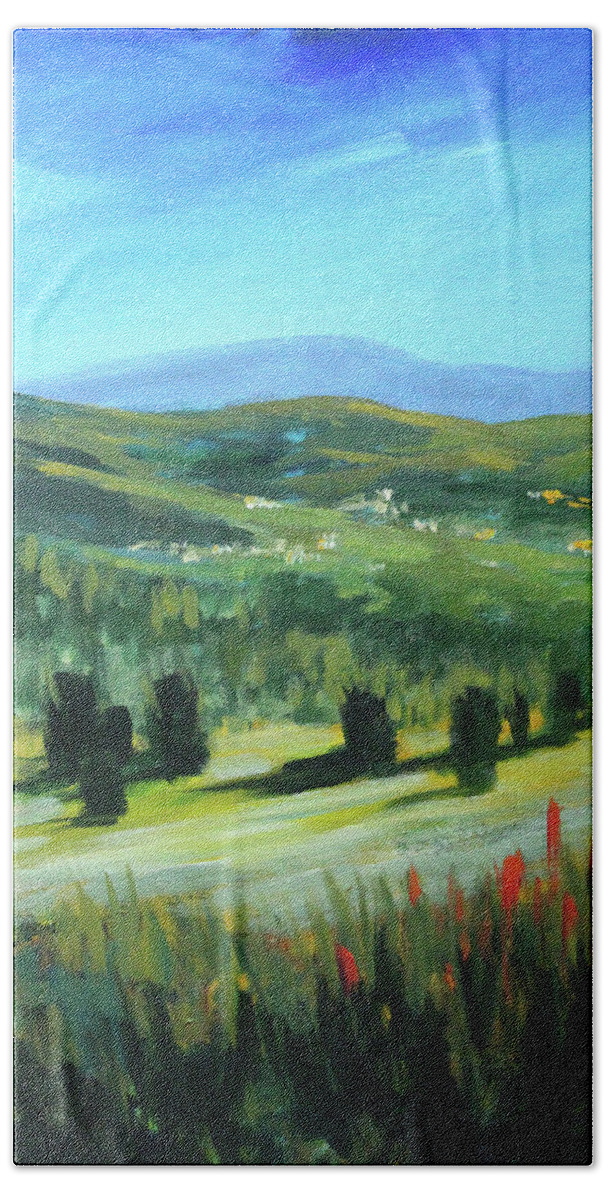 Hilltop Landscape Bath Towel featuring the painting From the Hilltop by Nancy Merkle