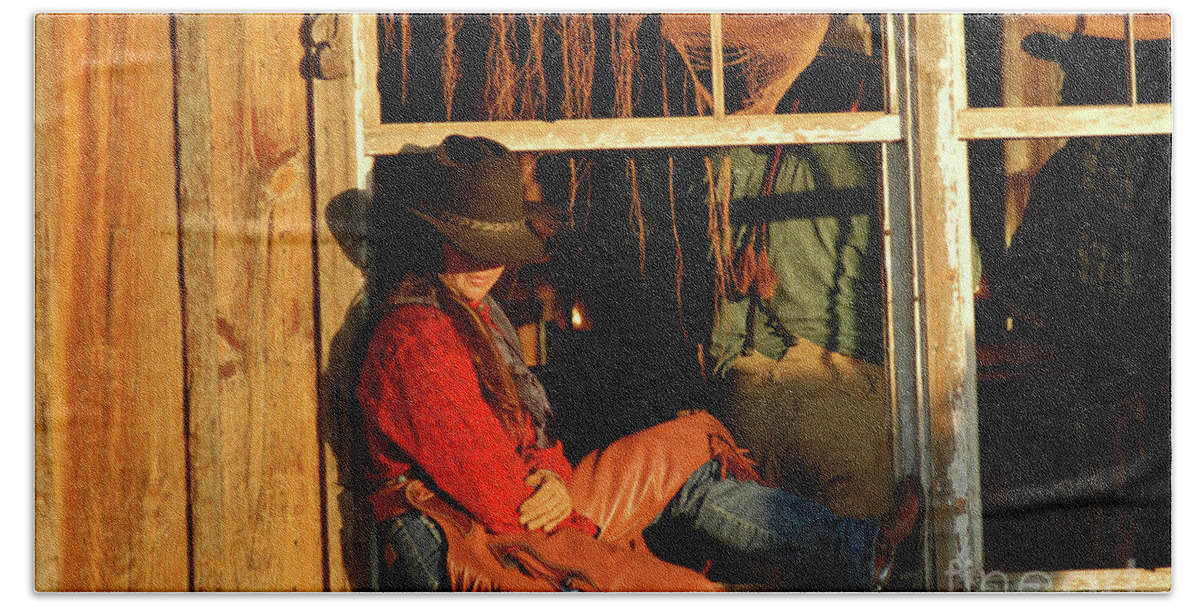Cowboy Bath Towel featuring the photograph Front window by Jody Miller