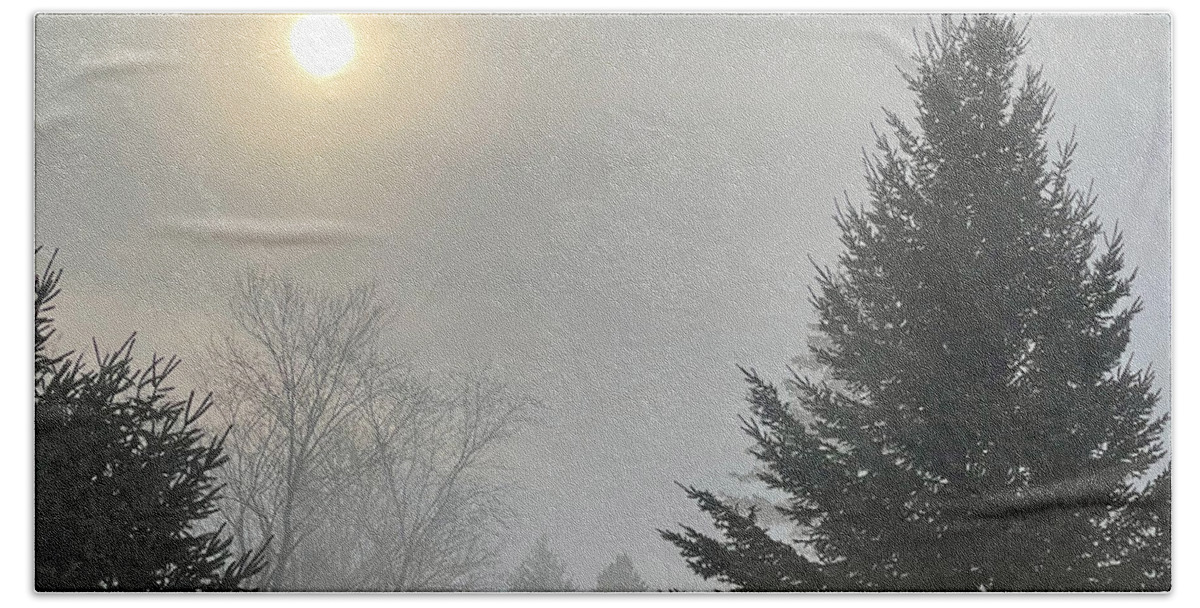 Sunrise Hand Towel featuring the mixed media Frosty Morning by Moira Law