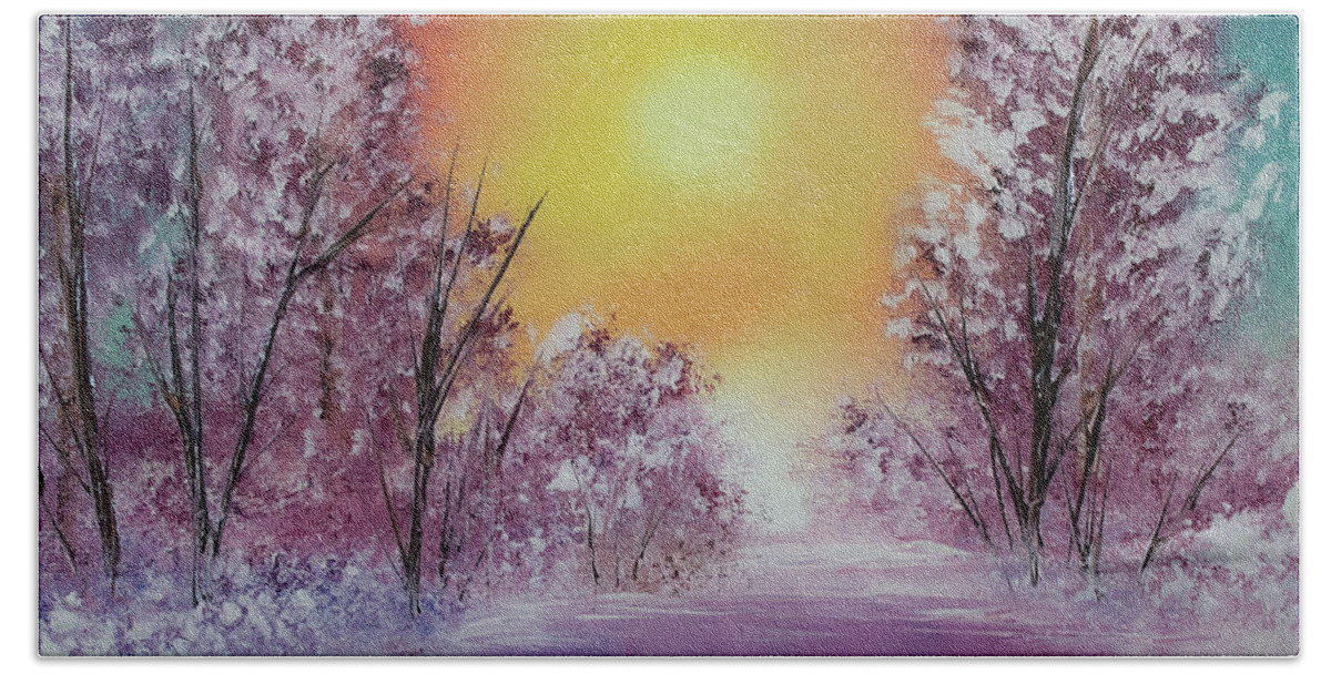 Snow Bath Towel featuring the painting Frosty Sunset by Shirley Dutchkowski