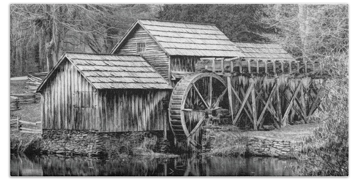 America Hand Towel featuring the photograph Frozen Mabry Mill Monochrome Panorama - Virginia Blue Ridge Parkway by Gregory Ballos