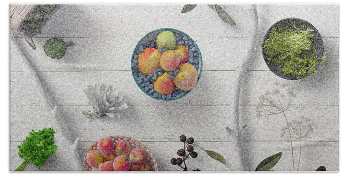 Fruit Hand Towel featuring the photograph Fruit Herbs Flowers Olives On White Wood by Johanna Hurmerinta