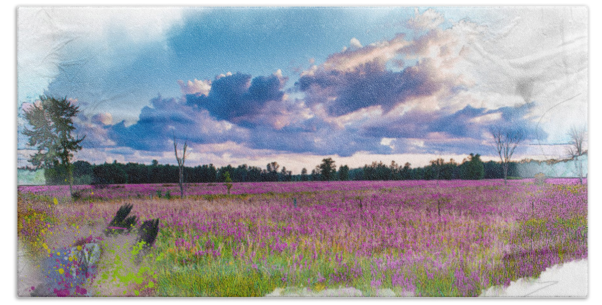 Landscape Bath Towel featuring the mixed media Fuchsia Fields by Moira Law