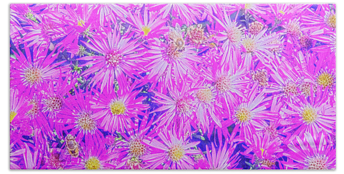 Pacific Northwest Bath Towel featuring the digital art Fuchsia Flowers On Blue by David Desautel