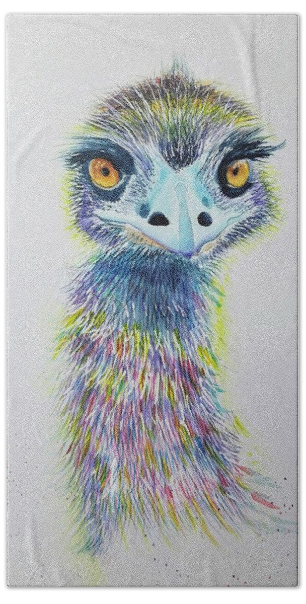 Emu Hand Towel featuring the painting Funky Emu by Sandie Croft
