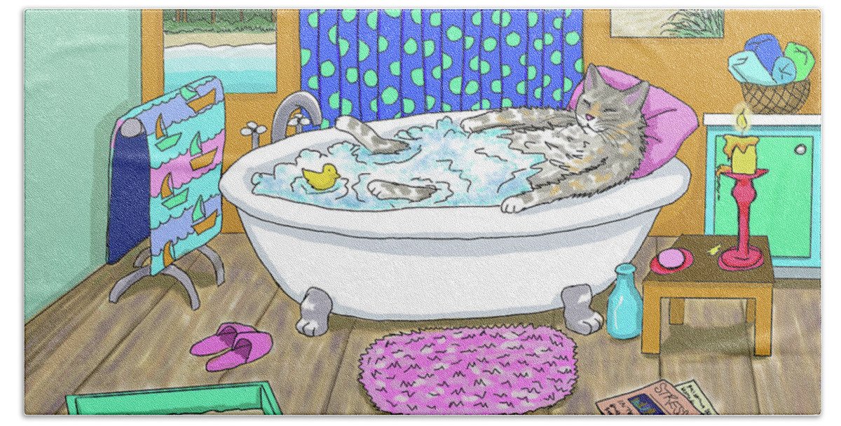 Cat Bath Towel featuring the digital art Funny Cat in Bath Cat 665 by Lucie Dumas