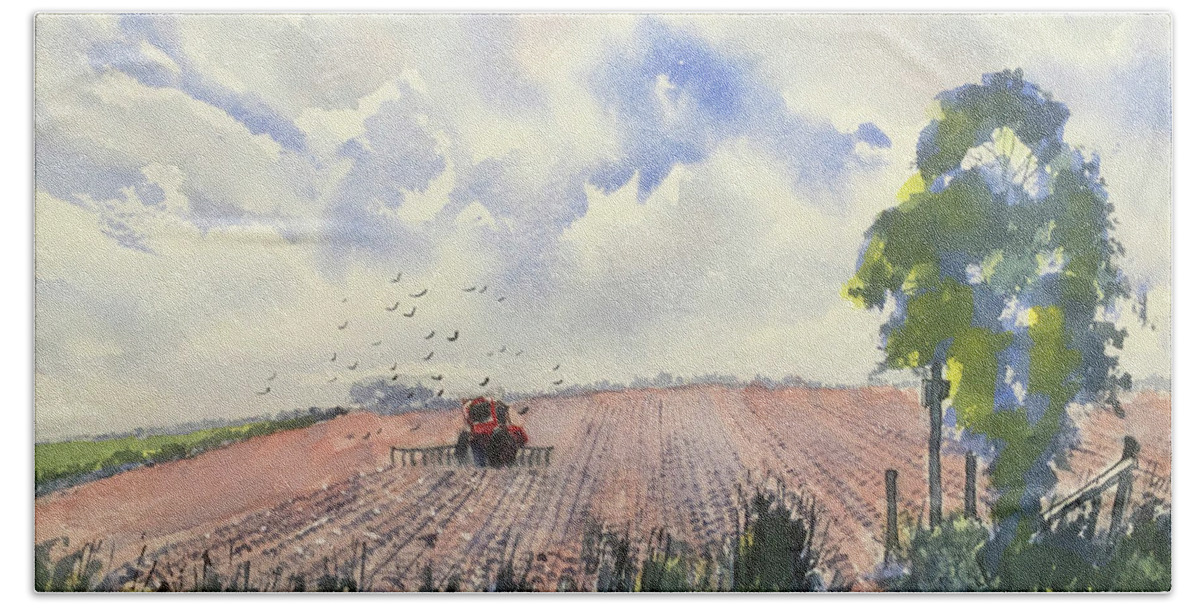 Watercolour Bath Towel featuring the painting Furrows and Gulls by Glenn Marshall