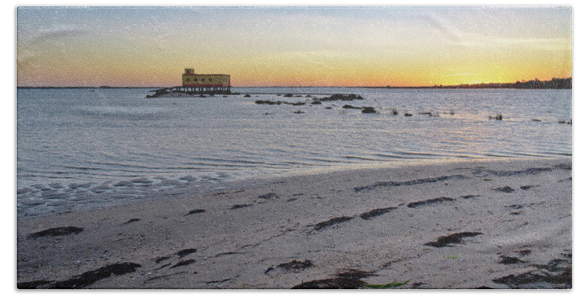 Algarve Bath Towel featuring the photograph Fuzeta beach sunset scenery and landmark. Portugal by Angelo DeVal