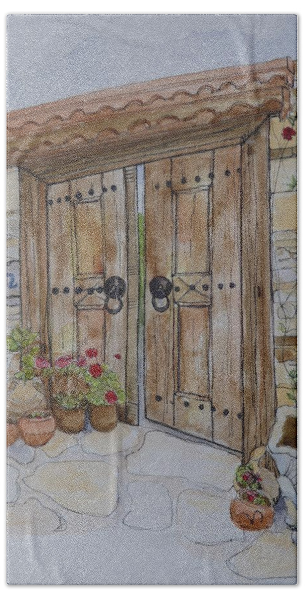 Antique Door Hand Towel featuring the painting Garden door by Lisa Mutch