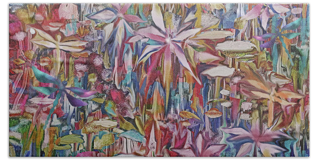 Abstract Garden Hand Towel featuring the mixed media Garden Dragonflies by Jean Batzell Fitzgerald