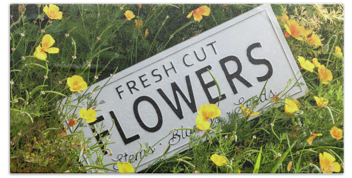 Flowers Bath Towel featuring the photograph Garden flowers with fresh cut flower sign 0753 by Simon Bratt