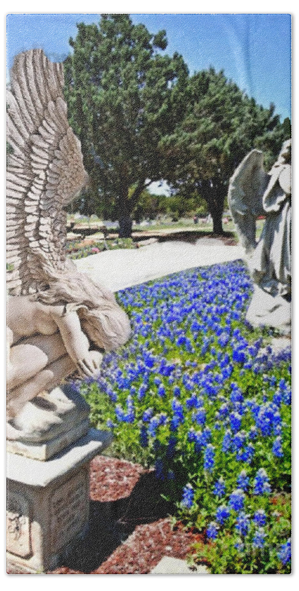 Angels Weeping Statues Cemetery Buffalo Gap Texas Memory Wings Remember Bluebonnets Abilene Memorials Oldest Taylor County Bath Towel featuring the digital art Garden of Angels by Janette Boyd