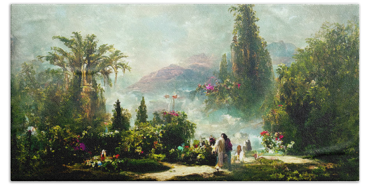 Landscape Bath Towel featuring the painting Garden of Eden, 03 by AM FineArtPrints