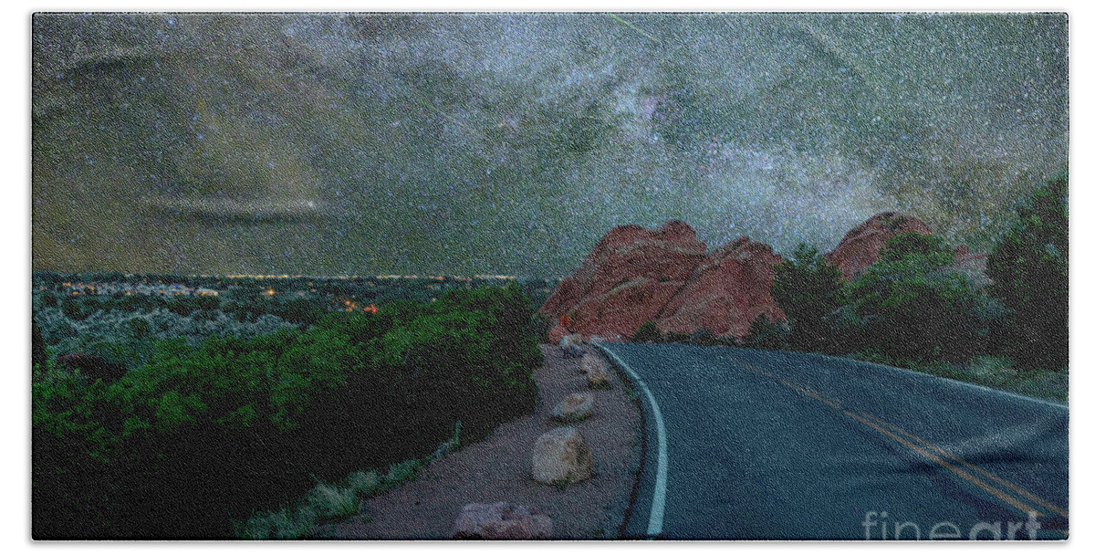 Milky Way Bath Towel featuring the photograph Garden Of Gods Road Milky Way Night by Jennifer White