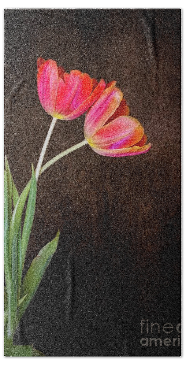 Flowers Bath Towel featuring the pyrography Garden tulips by Joseph Miko
