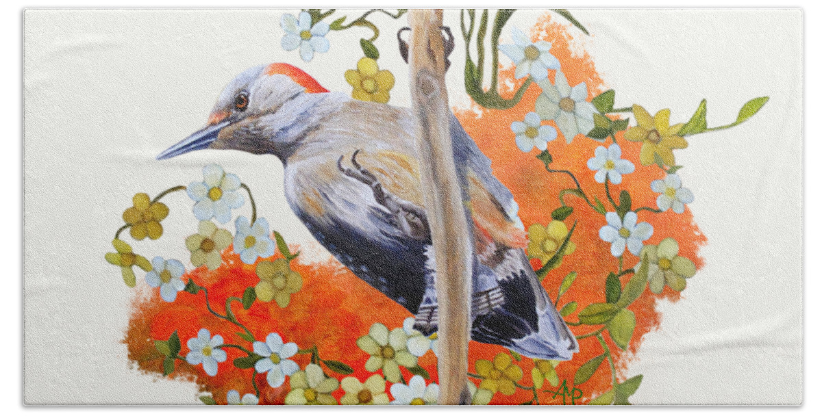 Woodpecker Bath Towel featuring the painting Gardenwatch Woodpecker by Angeles M Pomata