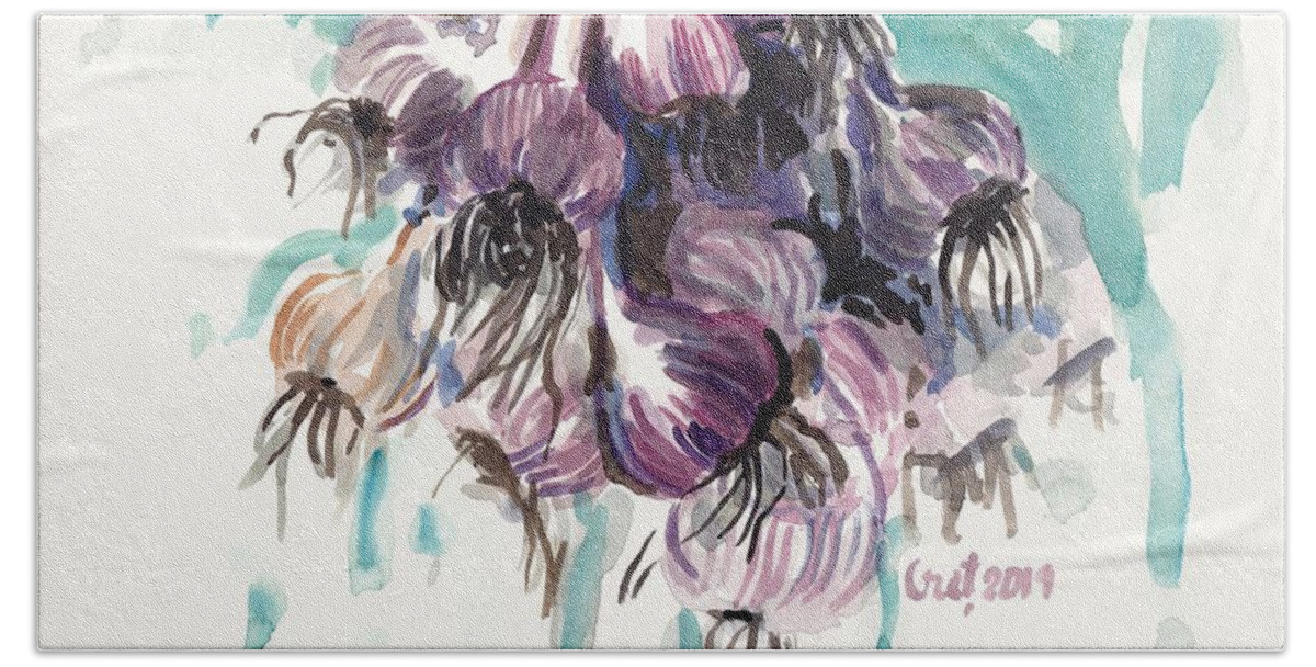 Garlic Bath Towel featuring the painting Garlic Flowers by George Cret