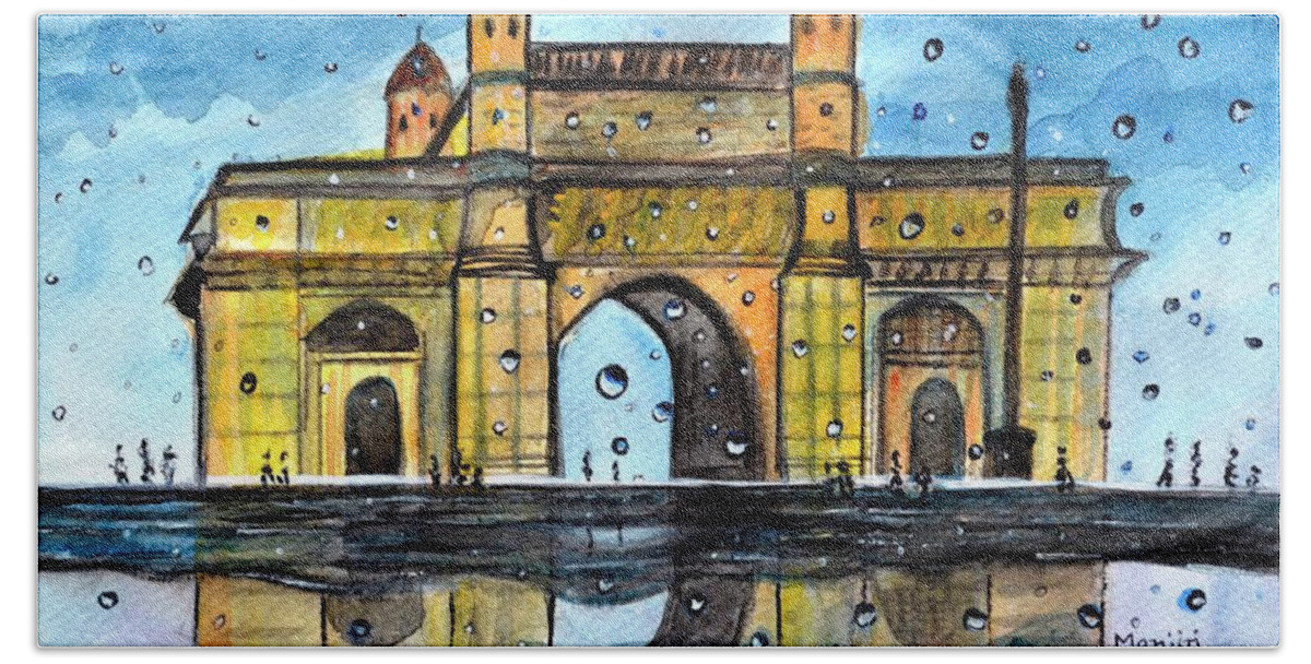 Gatewayofindia Bath Towel featuring the painting Gateway of India rainy watercolor landscape painting by Manjiri Kanvinde