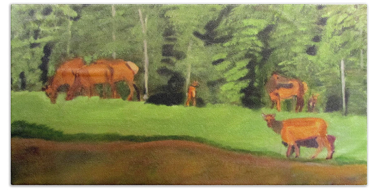 Elks Hand Towel featuring the painting Gathering of Elks by Linda Feinberg
