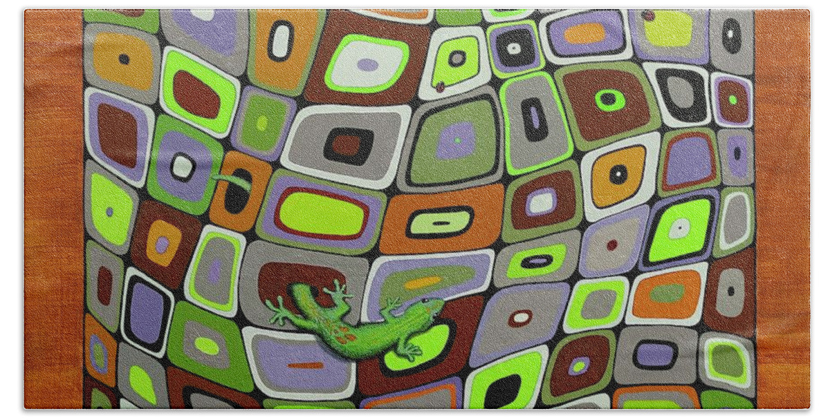Kim Mcclinton Hand Towel featuring the painting Gecko Limbo by Kim McClinton