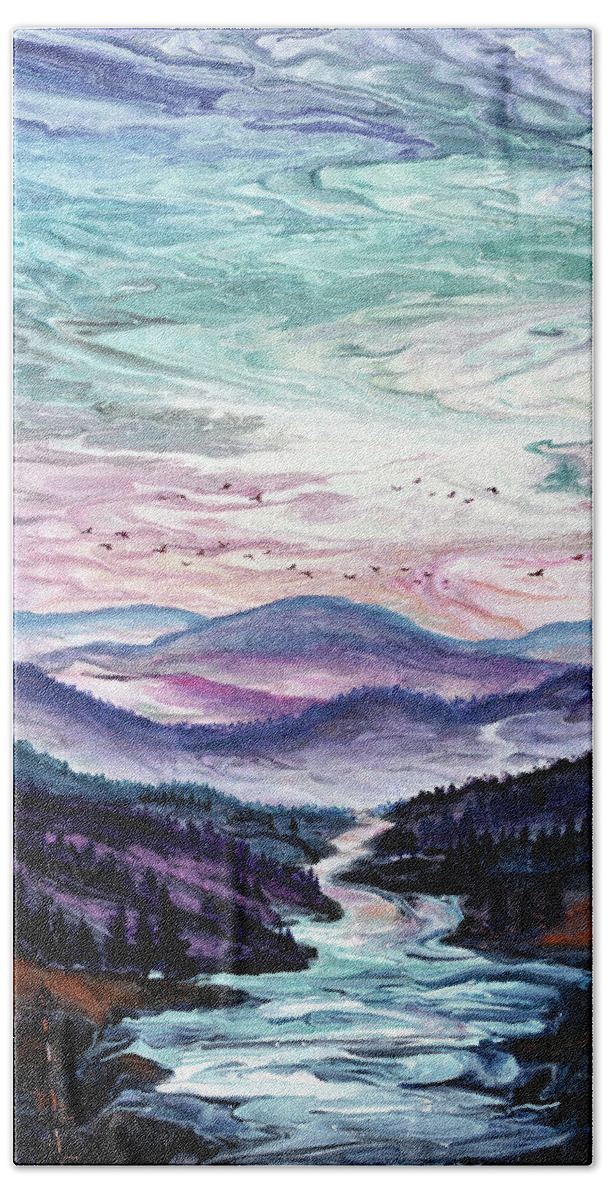 Pour Painting Bath Towel featuring the painting Geese Over a River Gorge by Laura Iverson