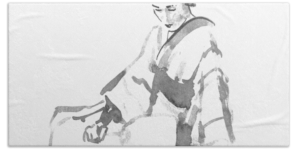 Geisha Hand Towel featuring the drawing Geisha And Fan by Pechane Sumie