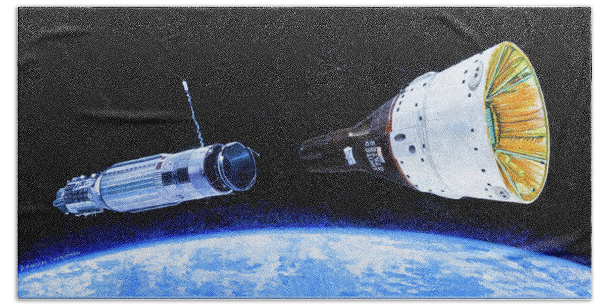 Aerospace Bath Towel featuring the painting Gemini 8 First Docking by Douglas Castleman