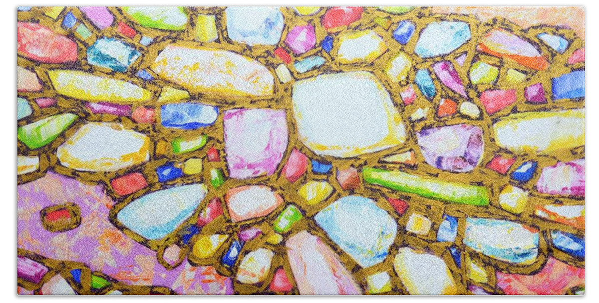 Stones Bath Towel featuring the painting Gems in Gold 6. by Iryna Kastsova